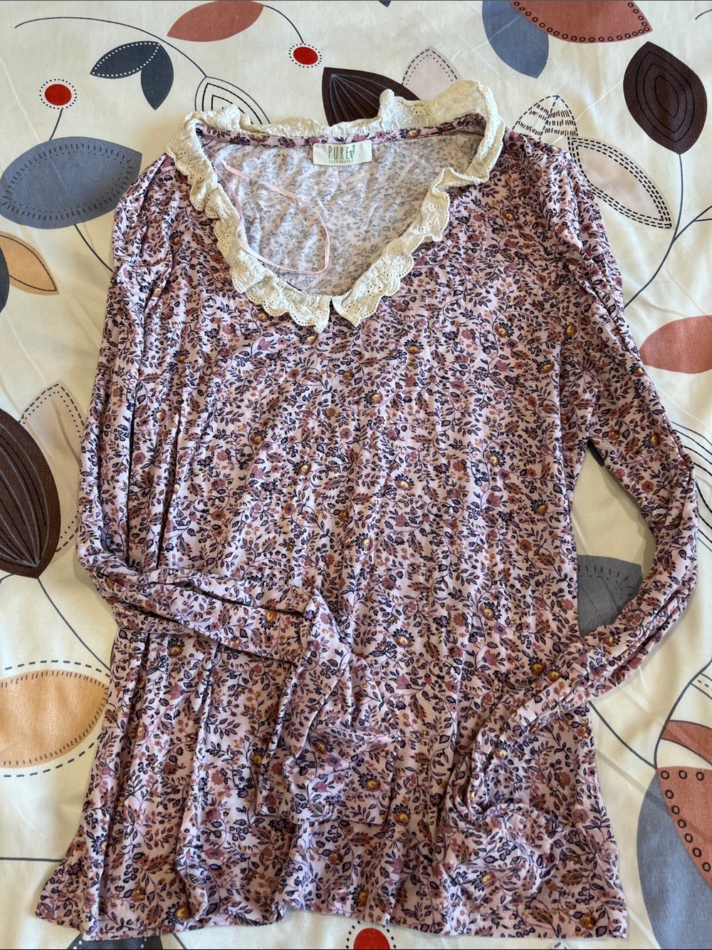 Suzy Shier Pink Floral Lace-Trim Long Sleeve Top
